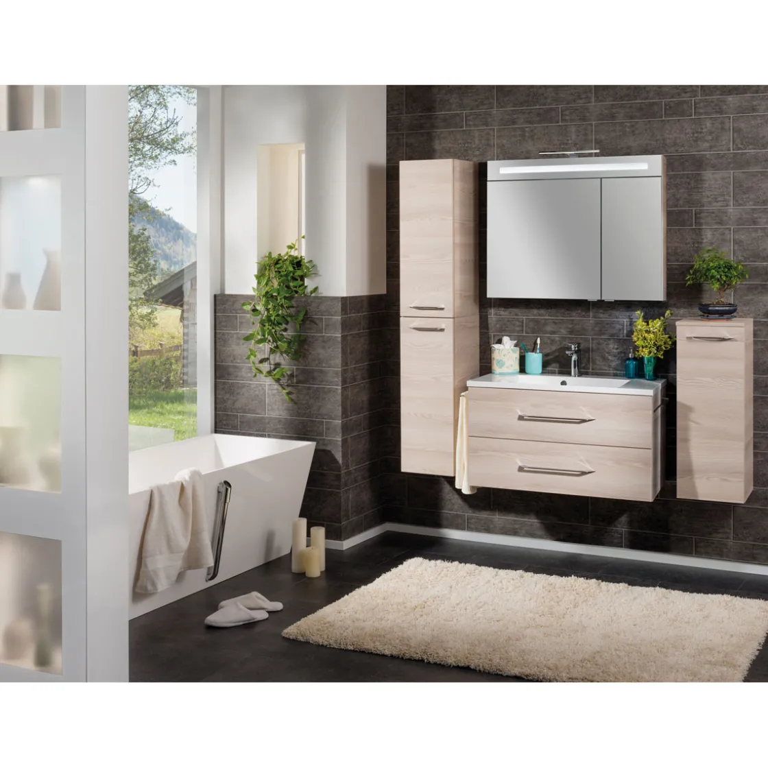 B.Clever WBU 90cm inkl.Gussmarmor-BeckenAuzuege m. SoftClose, Alska Esche ^ Fackelmann Hot