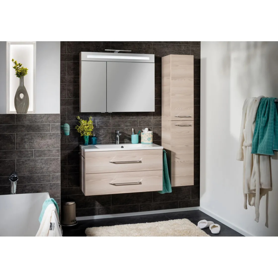 B.Clever WBU 90cm inkl.Gussmarmor-BeckenAuzuege m. SoftClose, Alska Esche ^ Fackelmann Hot