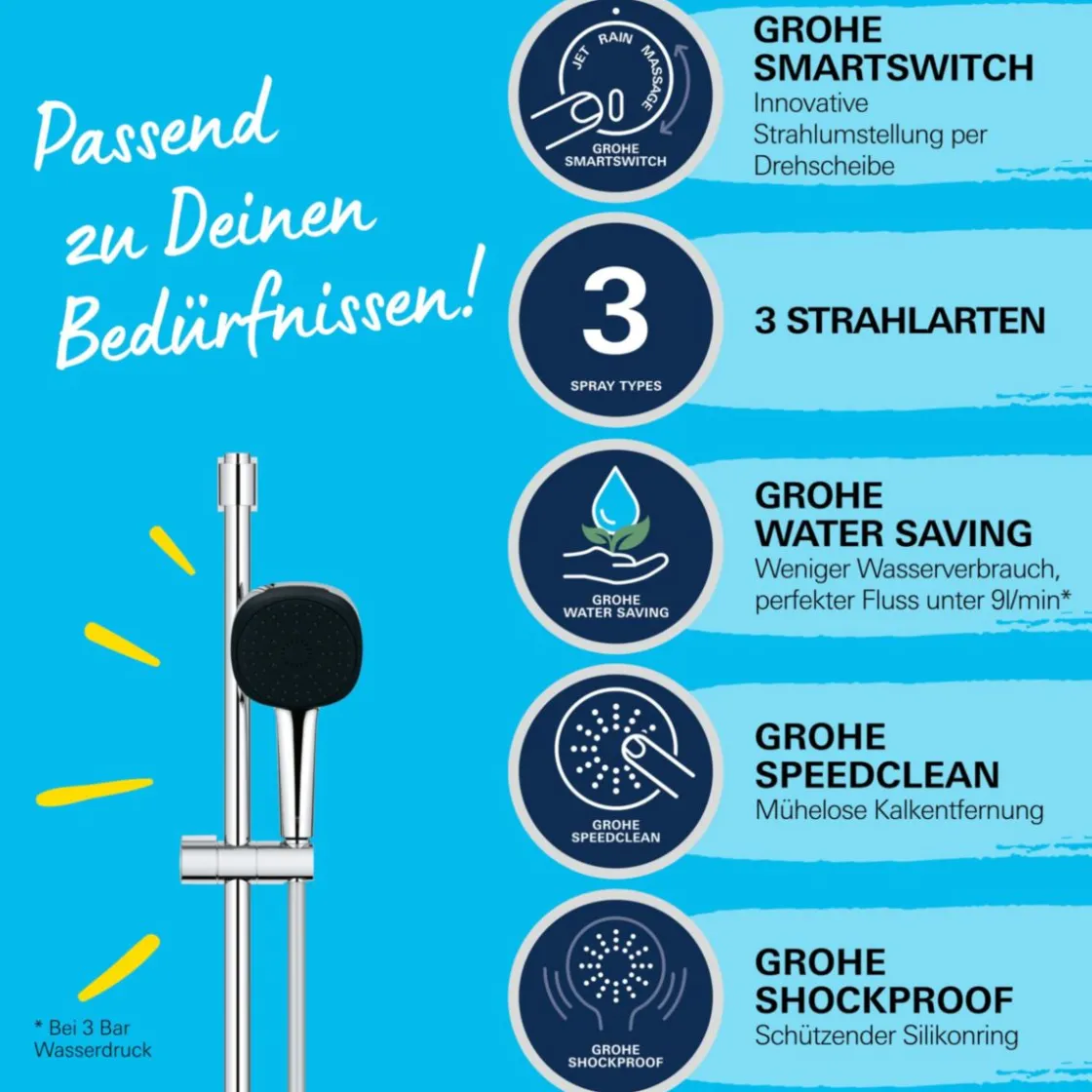 Brausestangenset Vitalio Comfort 110 3 Strahlarten (Rain, Jet, Massage) ^ Grohe Sale