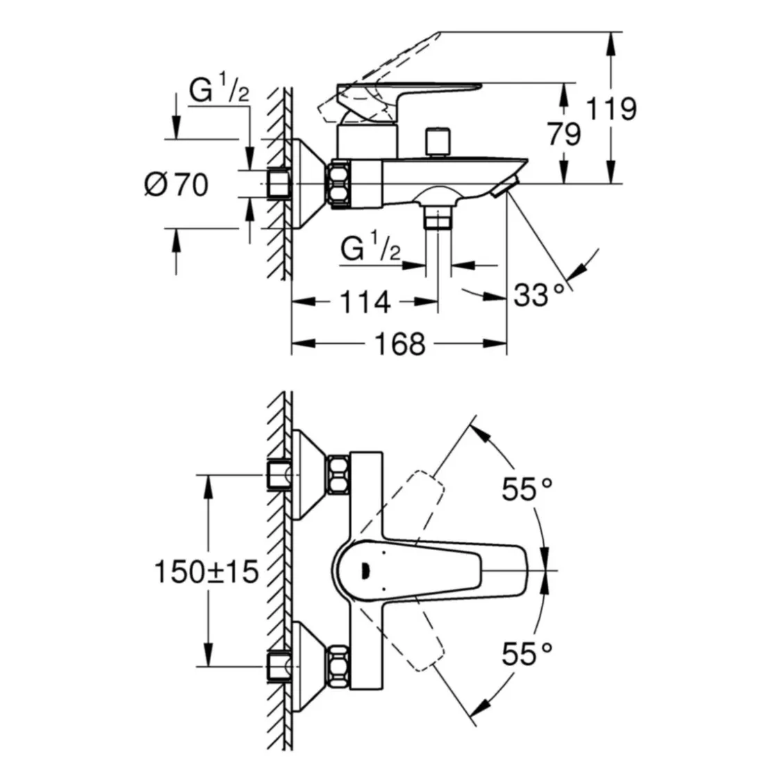 Einhand-Wannenbatterie Start Edge chrom 15 x 16,8 cm ^ Grohe