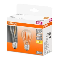 LED Gluehlampe E27 806lm 2.700K 60WErsatz warmweiss Filament klar 2er Pack ^ Osram Best