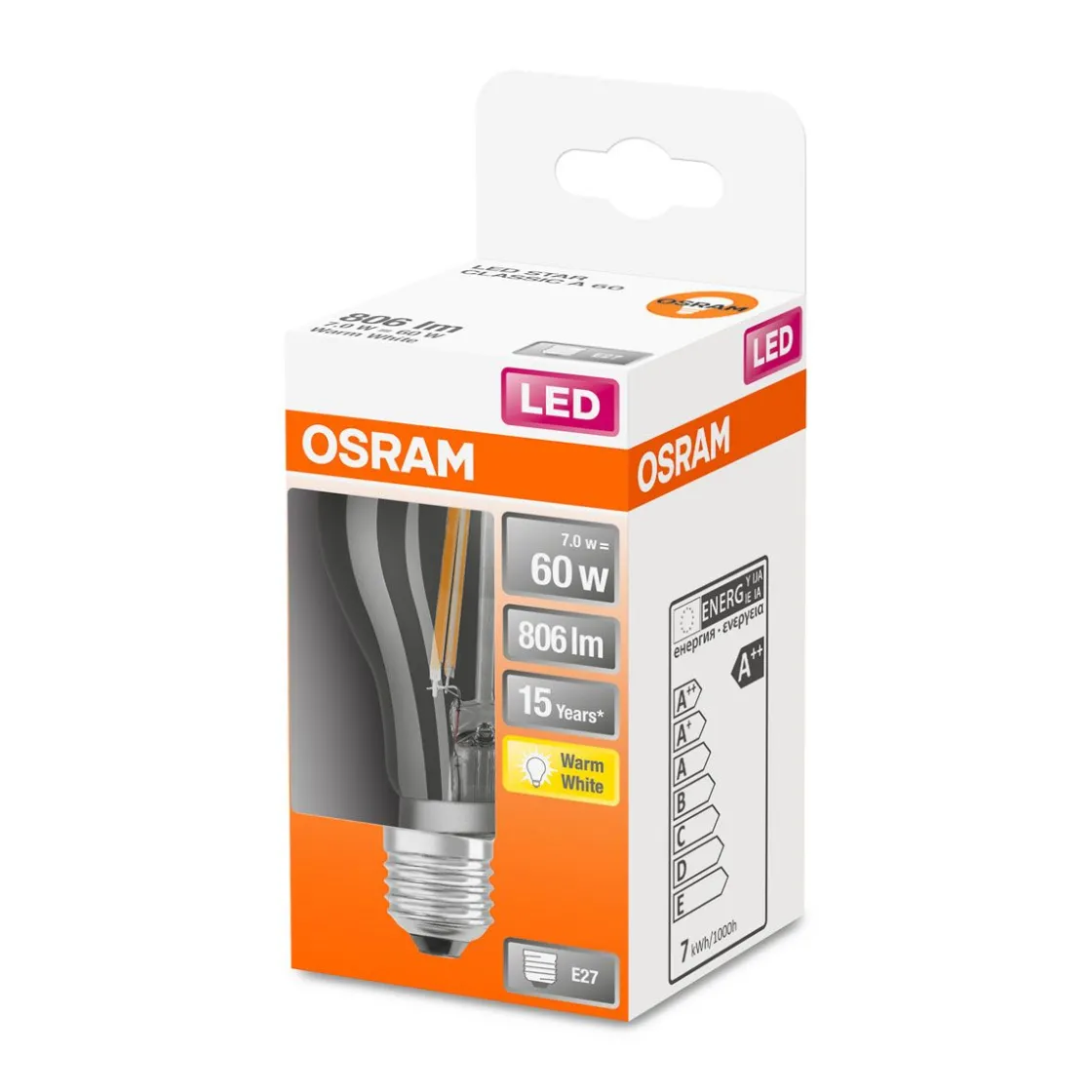 LED Gluehlampe E27 806lm 2.700K60W Ersatz warmweiss Filament klar ^ Osram