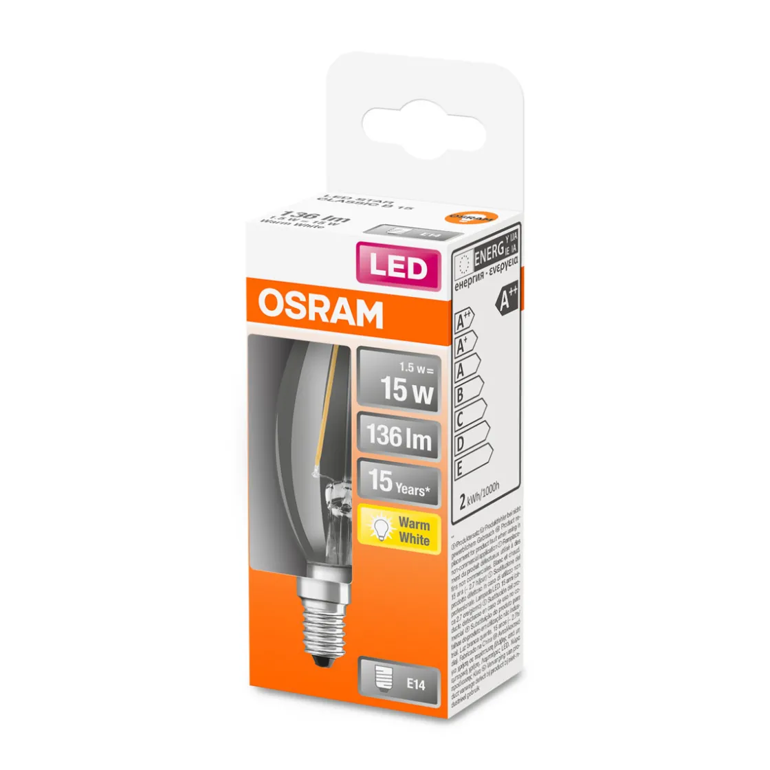 LED Kerze E14 136lm 2.700K 15 WErsatz warmweiss Filament klar ^ Osram
