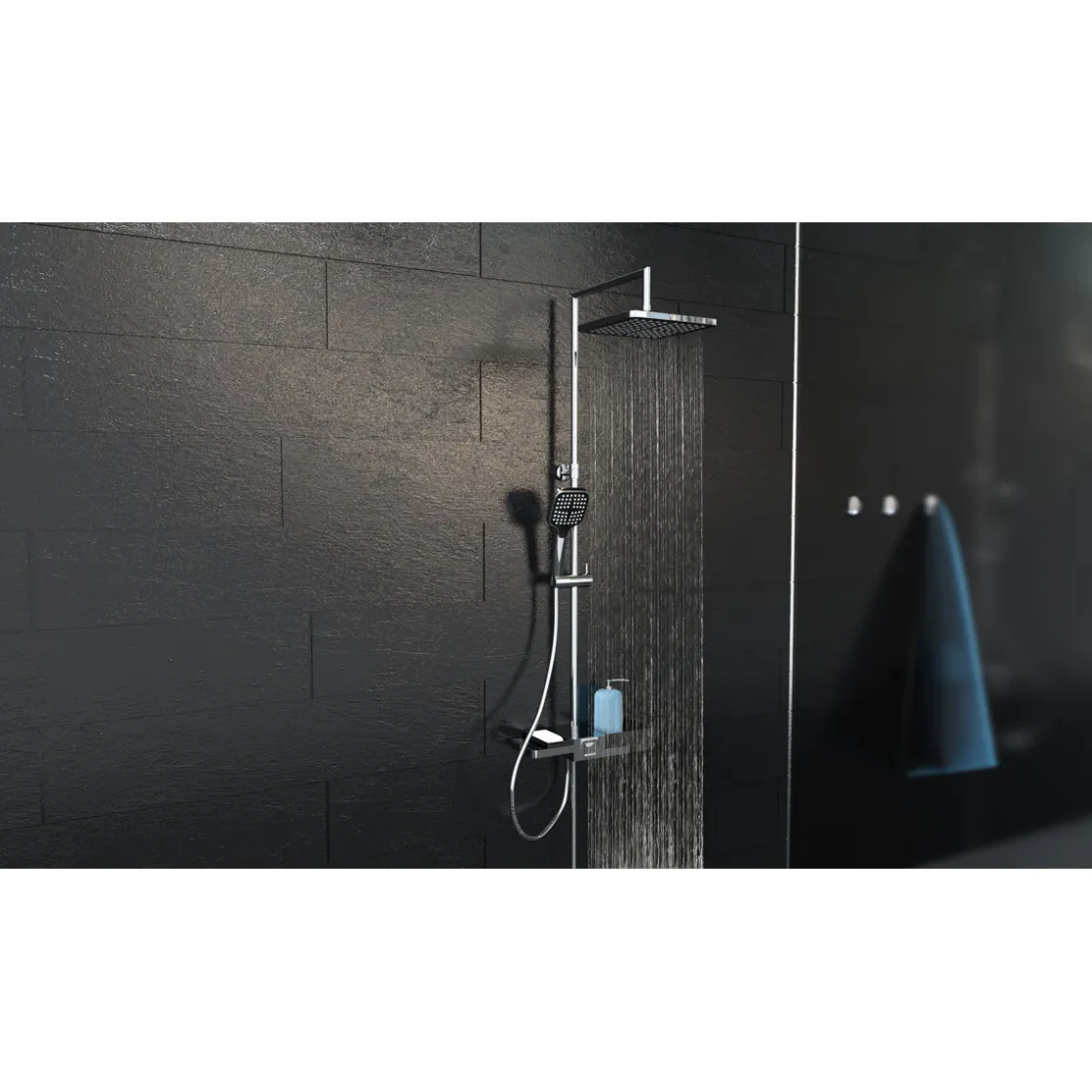 Überkopf-Brauseset Blueperl chrom/Schwarz mit Ablage ^ Schütte
