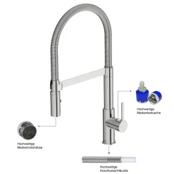 SP-Armatur ALUNA mit Geschirrbrause,schwenkbar, Keramikkar., Edelstahl-Optik ^ LENZ Clearance