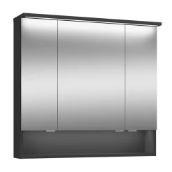 Spiegelschrank Amy, 80cm, schwarz matt, 3 Türen, 1 offenes Fach, LED-Kranz u. Unterbeleuchtung ^ Sale