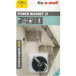 Topfmagnet Neodym mit Schraubhaken M5 Ø 28 x 38 mm, gummiert, silber-schwarz ^ Suki New