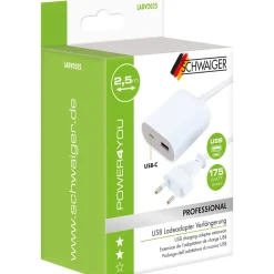 USB Ladeadapterverlaengerung 2,5m1xUSB-A 1xUSB-C weiss/grau ^ Schwaiger Sale