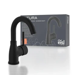 WT-Armatur Futura schwarz mit Cold-StartC-Auslauf schwenkbar ohne Ablaufgarnitur ^ Eisl Hot